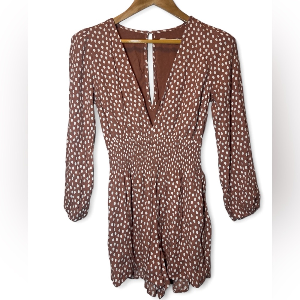Abercrombie & Fitch A&F Brown White Polka Dot V Neck Long Sleeve Romper Women XS - Picture 1 of 6